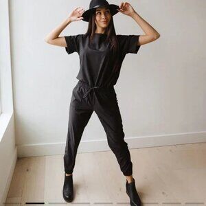 Albion Womens M Tall Black Jumpsuit Tie Cinch Waist Short Sleeve Everyday Wear